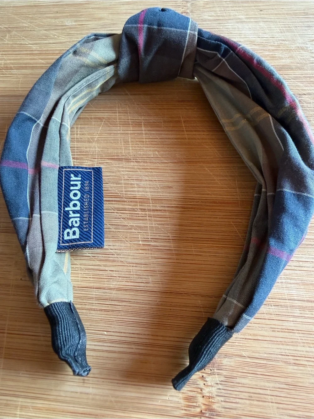 Barbour Olive and Navy Plaid Knotted Headband with Pink Stripe